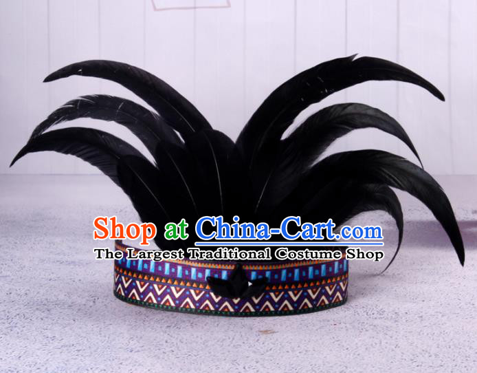 Halloween Savage Catwalks Deluxe Black Feather Headdress Cosplay Apache Knight Feather Hair Clasp for Adults