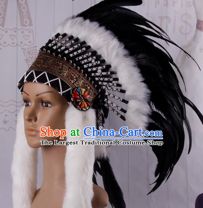 Halloween Catwalks Primitive Tribe Deluxe Black Feather Headdress Cosplay Apache Knight Feather Hat for Adults