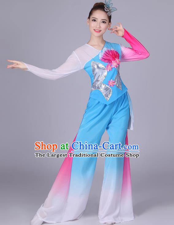 Chinese Traditional Classical Dance Costumes Folk Dance Yanko Fan Dance Blue Clothing for Women