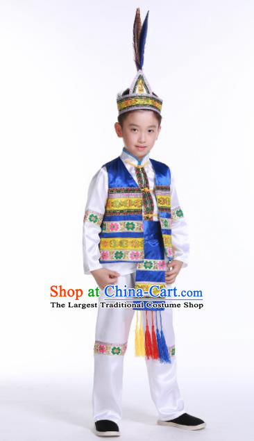 Chinese Ethnic Costumes Traditional Yi Nationality Boys Folk Dance Blue Clothing for Kids
