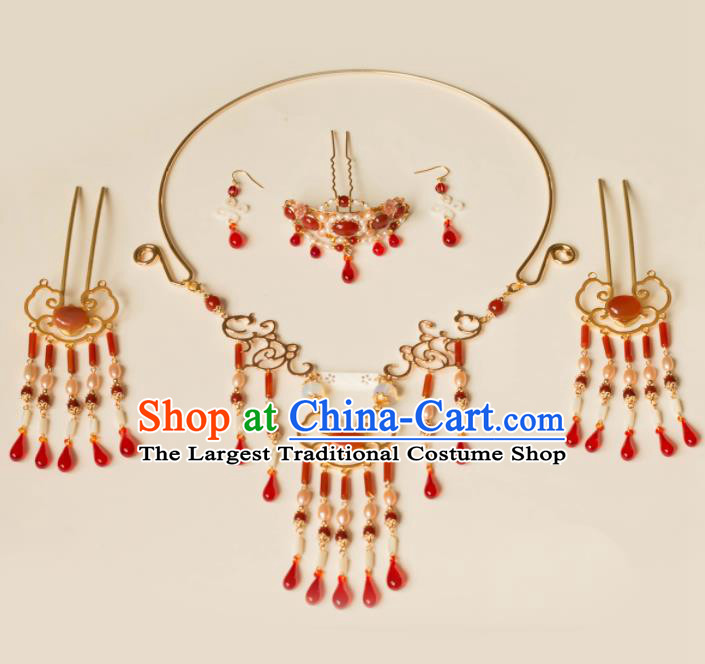 Chinese Traditional Handmade Hair Clip Agate Hair Accessories Ancient Hairpins and Necklace for Women