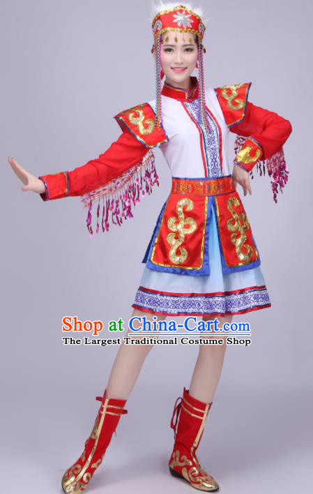 Chinese Traditional Mongolian Ethnic Costumes Mongol Nationality Folk Dance Red Dress for Women