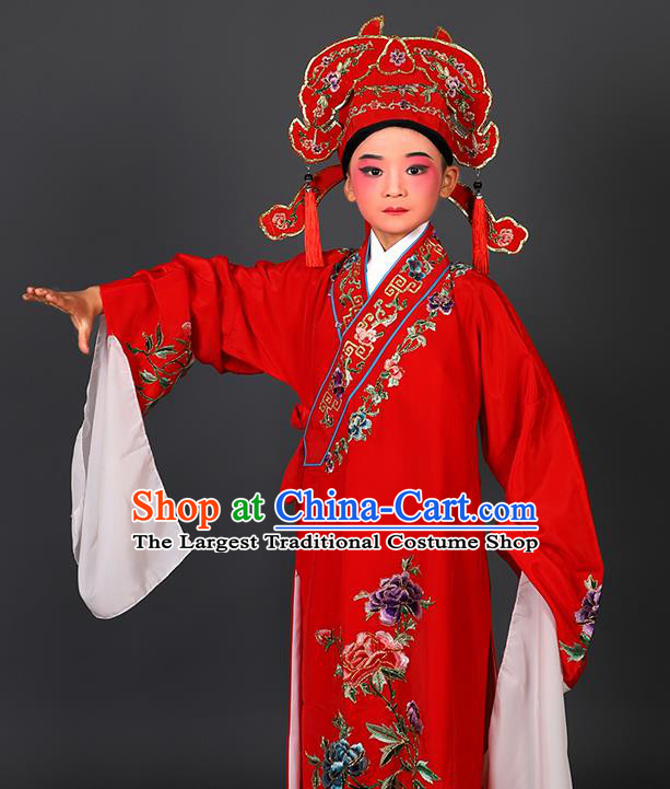 Chinese Traditional Peking Opera Niche Costume Ancient Scholar Red Robe and Hat for Kids