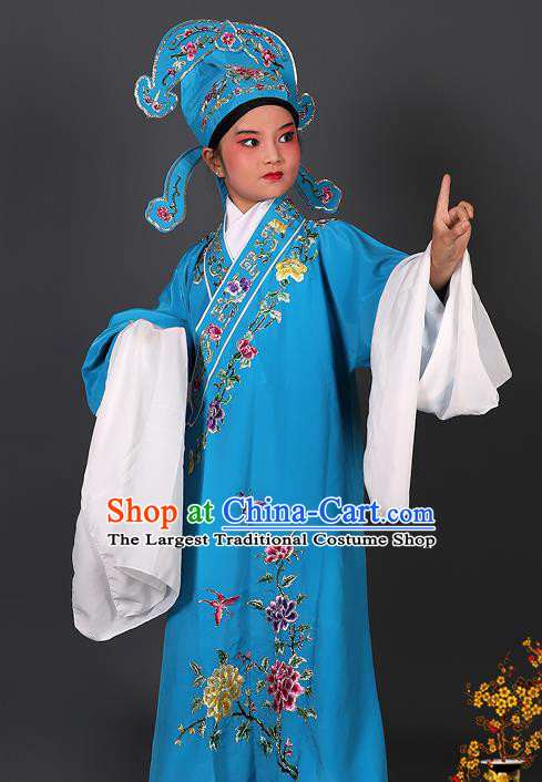 Chinese Traditional Peking Opera Niche Costume Ancient Scholar Blue Robe and Hat for Kids