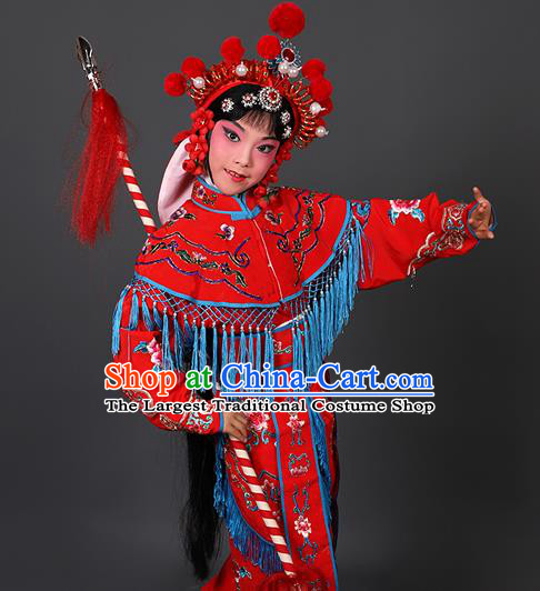 Chinese Traditional Peking Opera Blues Costumes Ancient Female Warriors Red Clothing for Kids