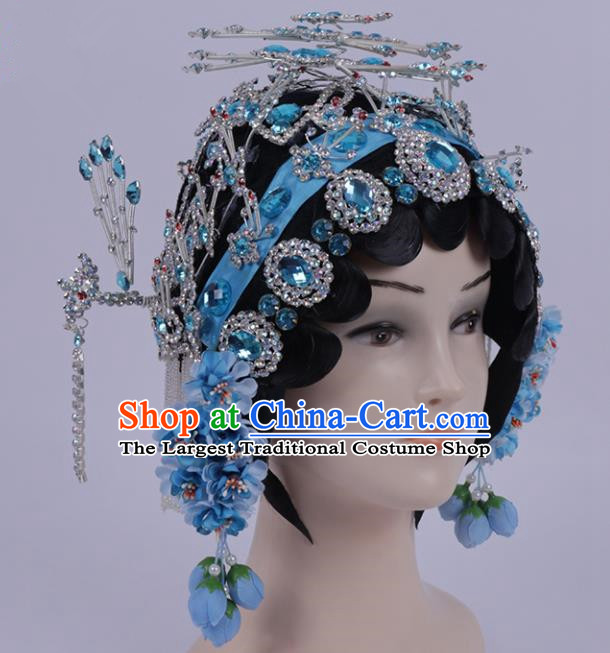 Chinese Traditional Peking Opera Diva Hair Accessories Ancient Princess Blue Crystal Hairpins for Women