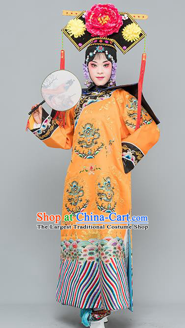 Chinese Traditional Peking Opera Diva Costumes Ancient Qing Dynasty Empress Orange Dress for Adults