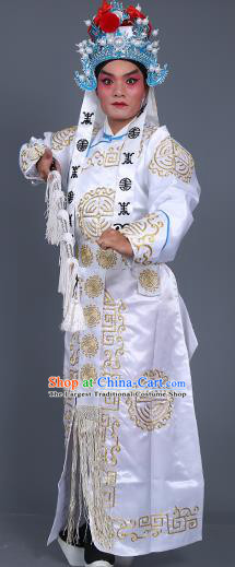Chinese Traditional Peking Opera Takefu Costume Ancient Imperial Bodyguard White Embroidered Robe for Adults