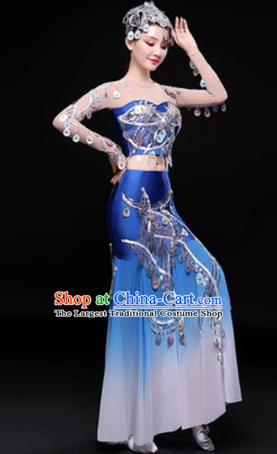 Chinese Traditional Dai Nationality Folk Dance Costumes Peacock Dance Blue Dress for Women