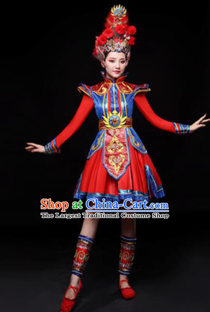 Chinese Traditional Mongol Nationality Folk Dance Costume Mongolian Drum Dance Red Dress for Women