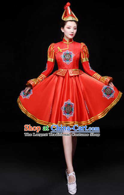 Chinese Traditional Mongol Nationality Folk Dance Costume Mongolian Dance Red Dress for Women