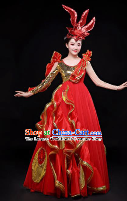 Professional Opening Dance Costume Stage Performance Chorus Red Dress for Women