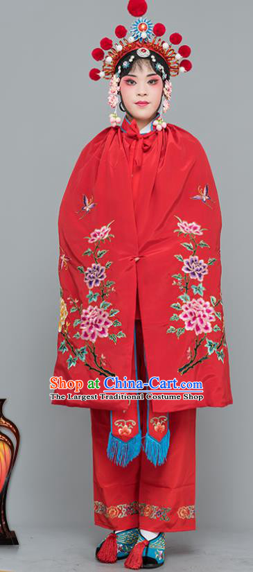 Chinese Traditional Peking Opera Blues Costumes Ancient Female Warriors Red Short Cloak for Adults