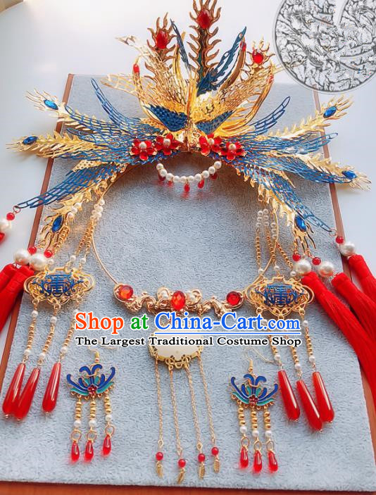 Handmade Chinese Ancient Phoenix Coronet Hair Accessories Hanfu Hairpins and Necklace for Women