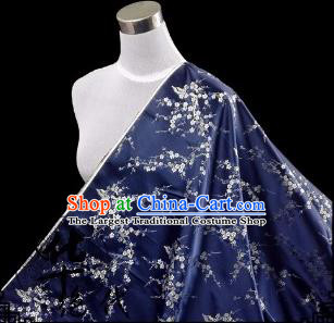 Asian Chinese Traditional Fabric Navy Satin Brocade Silk Material Classical Plum Blossom Pattern Design Satin Drapery