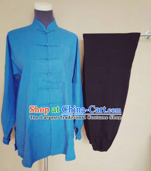 Chinese Traditional Martial Arts Linen Costumes Tai Chi Tai Ji Training Blue Shirt and Black Pants for Adults