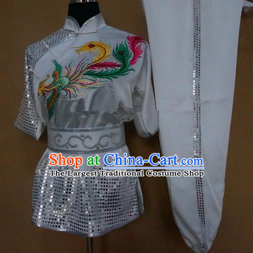 Chinese Traditional Kung Fu Martial Arts Embroidered Phoenix Costumes Tai Chi Training White Clothing for Women