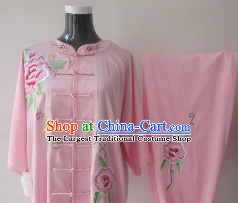 Chinese Traditional Kung Fu Embroidered Peony Pink Silk Costumes Martial Arts Tai Chi Training Clothing for Women