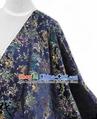 Asian Chinese Traditional Tang Suit Fabric Navy Brocade Silk Material Classical Peony Pattern Design Drapery