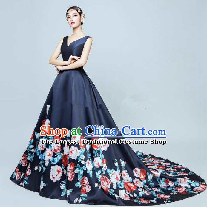 Top Performance Catwalks Costumes Wedding Printing Rose Navy Full Dress for Women