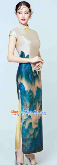 Chinese Classical Catwalks Costumes Traditional Printing Cheongsam Full Dress for Women