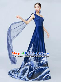 Top Performance Catwalks Costumes Wedding Single Shoulder Navy Full Dress for Women