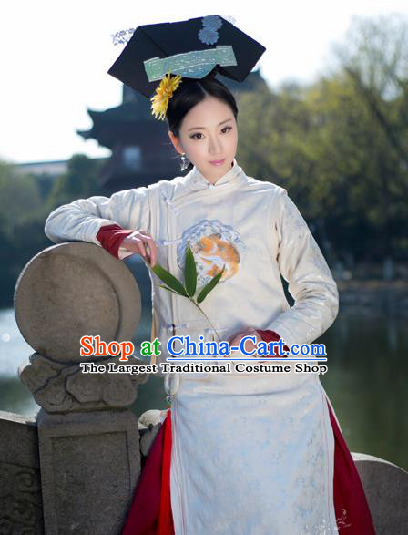 Chinese Traditional Manchu Palace Lady Costumes Ancient Qing Dynasty Court Maid Embroidered Clothing and Headpiece for Women