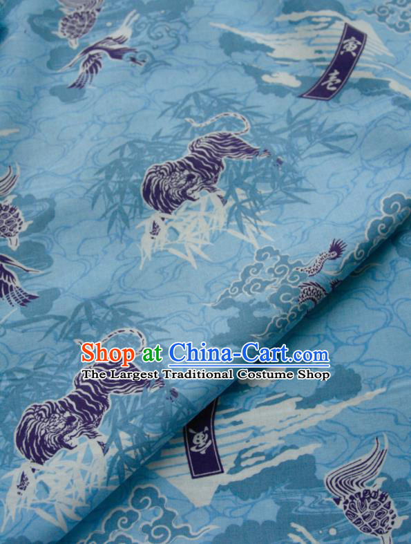 Asian Japanese Traditional Kimono Fabric Blue Brocade Silk Material Classical Lions Pattern Design Drapery