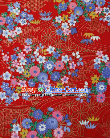 Asian Japanese Traditional Kimono Red Brocade Fabric Silk Material Classical Flowers Pattern Design Drapery