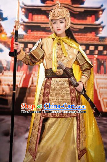 Chinese Traditional Tang Dynasty Female General Costumes Ancient Warrior Golden Helmet and Body Armour for Women