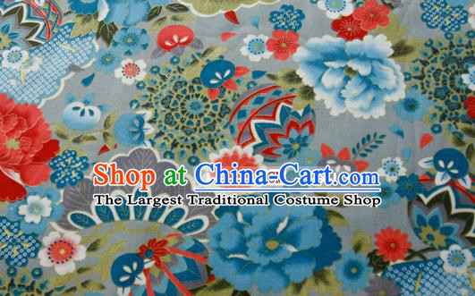 Asian Japanese Traditional Kimono Blue Brocade Fabric Silk Material Classical Peony Pattern Design Drapery