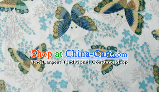 Asian Japanese Traditional Kimono Brocade Fabric Silk Material Classical Blue Butterfly Pattern Design Drapery
