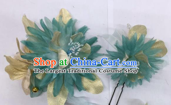 Chinese Traditional Beijing Opera Blue Silk Flowers Hairpins Ancient Peri Hair Accessories for Women