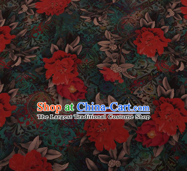 Chinese Traditional Cheongsam Silk Fabric Palace Peony Pattern Green Satin Plain Gambiered Guangdong Gauze
