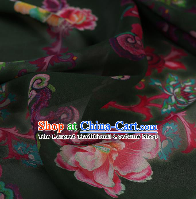 Chinese Traditional Cheongsam Olive Green Crepe Satin Plain Palace Peony Pattern Gambiered Guangdong Gauze Silk Fabric