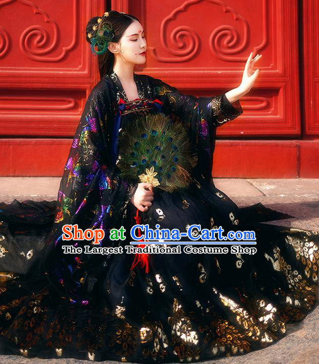 Chinese Ancient Royal Embroidered Costumes Traditional Tang Dynasty Imperial Consort Black Hanfu Dress for Women