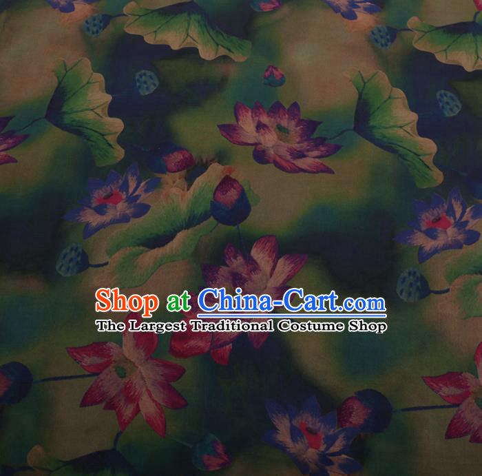 Chinese Traditional Cheongsam Green Silk Fabric Palace Lotus Pattern Satin Plain Gambiered Guangdong Gauze