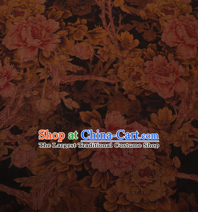 Chinese Traditional Drapery Brown Silk Fabric Palace Peony Pattern Cheongsam Satin Plain Gambiered Guangdong Gauze