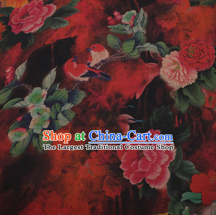 Chinese Traditional Cheongsam Drapery Red Silk Fabric Palace Peony Birds Pattern Satin Plain Gambiered Guangdong Gauze