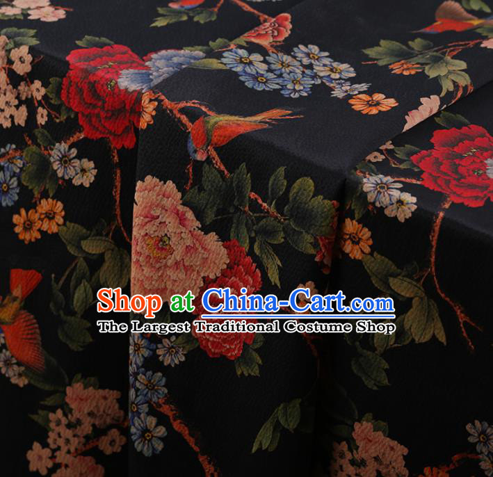 Chinese Classical Cheongsam Drapery Black Silk Fabric Traditional Peony Pattern Satin Plain Gambiered Guangdong Gauze