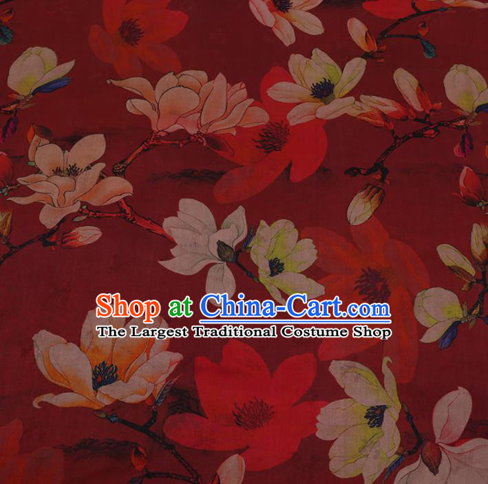 Chinese Classical Red Satin Plain Traditional Yulan Magnolia Pattern Cheongsam Drapery Silk Fabric Gambiered Guangdong Gauze