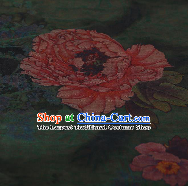 Chinese Traditional Green Silk Fabric Classical Peony Pattern Satin Plain Cheongsam Drapery Gambiered Guangdong Gauze