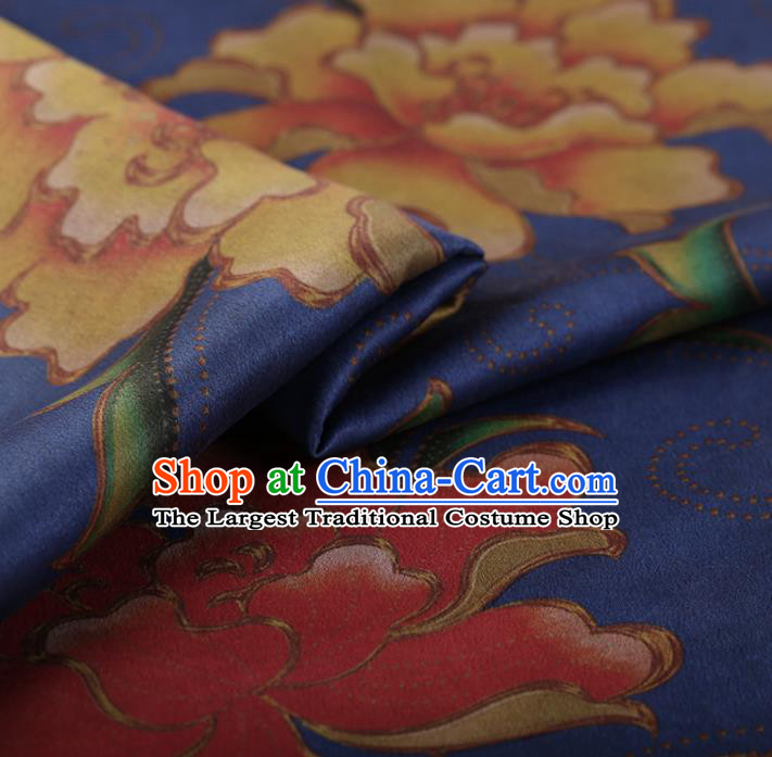 Chinese Traditional Silk Fabric Classical Peony Pattern Royalblue Satin Plain Cheongsam Drapery Gambiered Guangdong Gauze