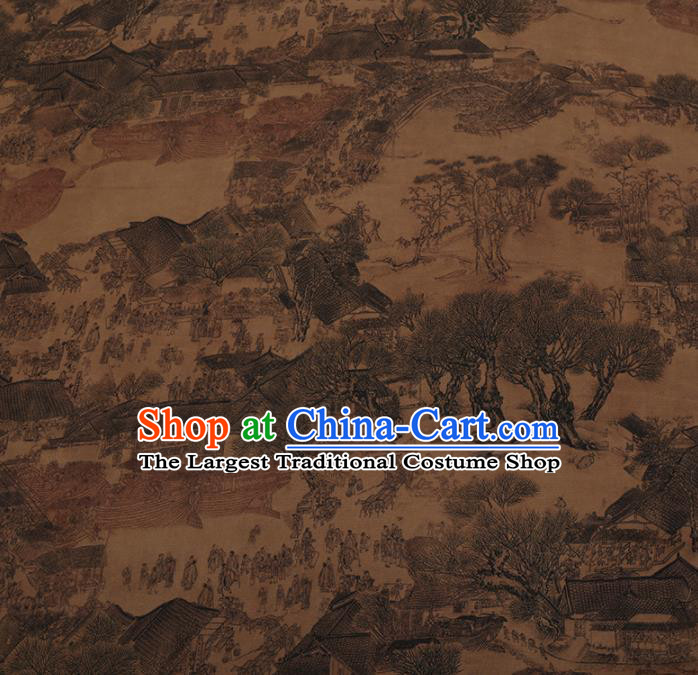 Chinese Classical Silk Fabric Traditional Riverside Scene at Qingming Festival Pattern Satin Plain Cheongsam Drapery Gambiered Guangdong Gauze