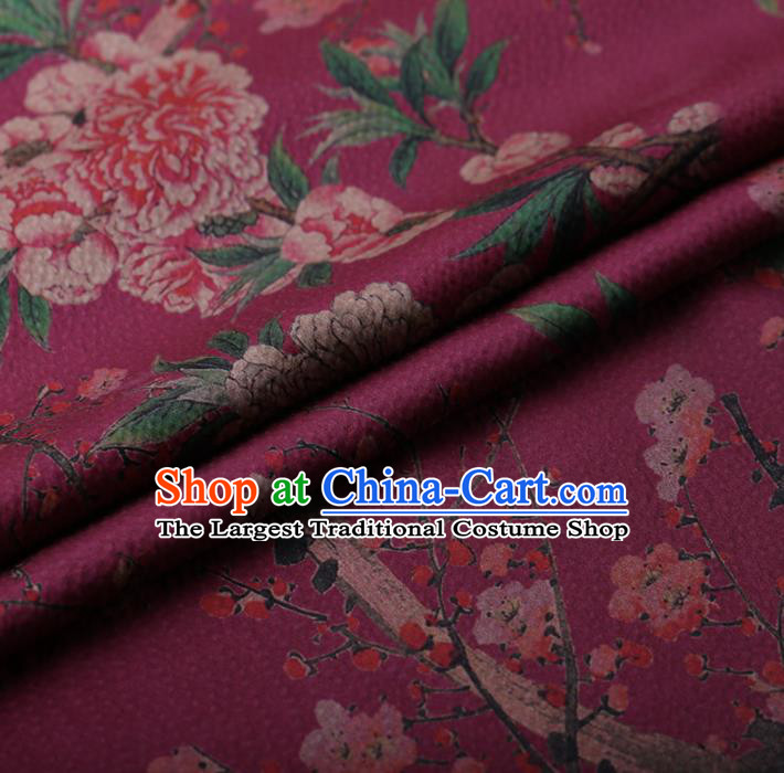 Chinese Traditional Silk Fabric Classical Peony Plum Blossom Pattern Purple Satin Plain Cheongsam Drapery Gambiered Guangdong Gauze