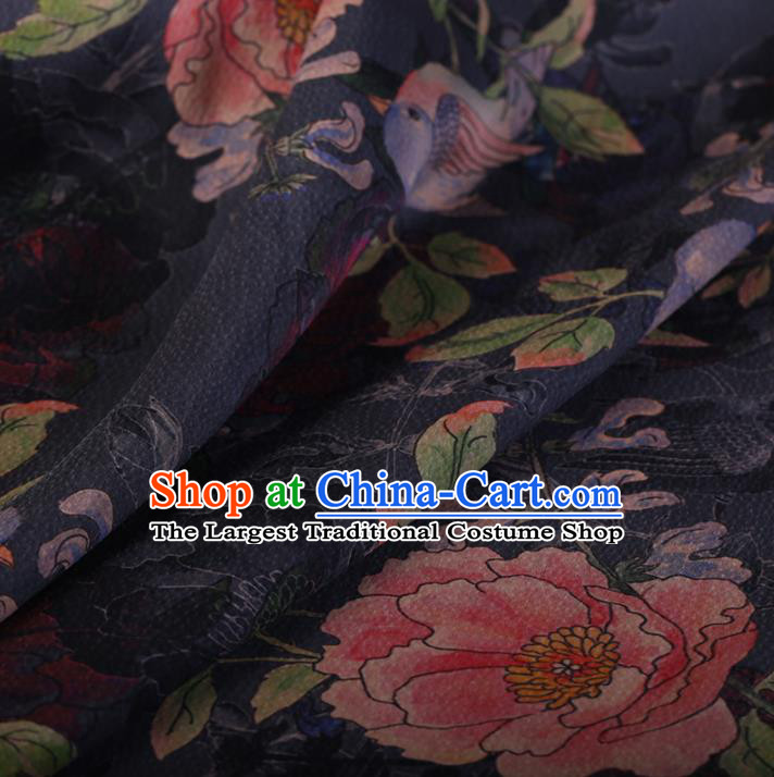 Chinese Traditional Silk Fabric Classical Peony Pattern Navy Satin Plain Cheongsam Drapery Gambiered Guangdong Gauze