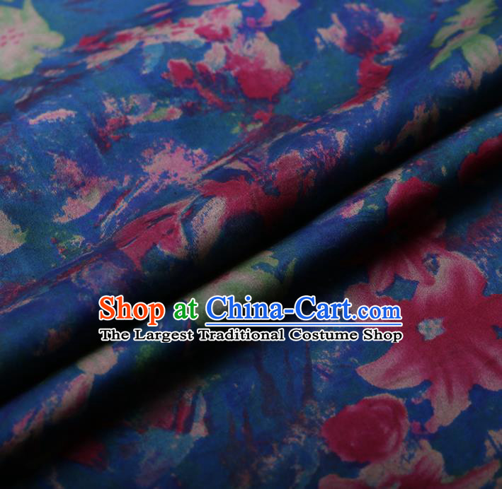 Asian Chinese Silk Fabric Traditional Classical Lily Flowers Pattern Blue Satin Plain Cheongsam Drapery Gambiered Guangdong Gauze