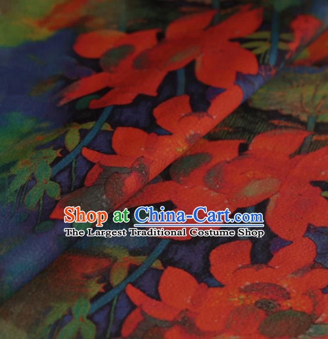 Asian Chinese Traditional Gambiered Guangdong Gauze Navy Satin Plain Classical Lotus Pattern Cheongsam Silk Drapery