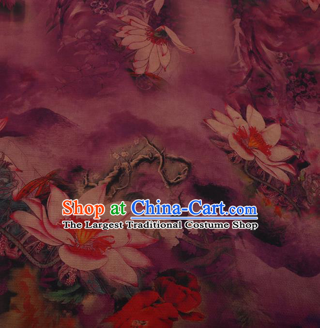 Chinese Traditional Purple Gambiered Guangdong Gauze Satin Plain Classical Lotus Pattern Cheongsam Silk Drapery