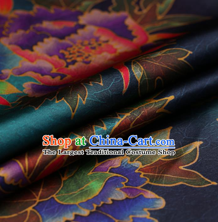 Traditional Chinese Blue Gambiered Guangdong Gauze Satin Plain Classical Peony Pattern Cheongsam Silk Drapery